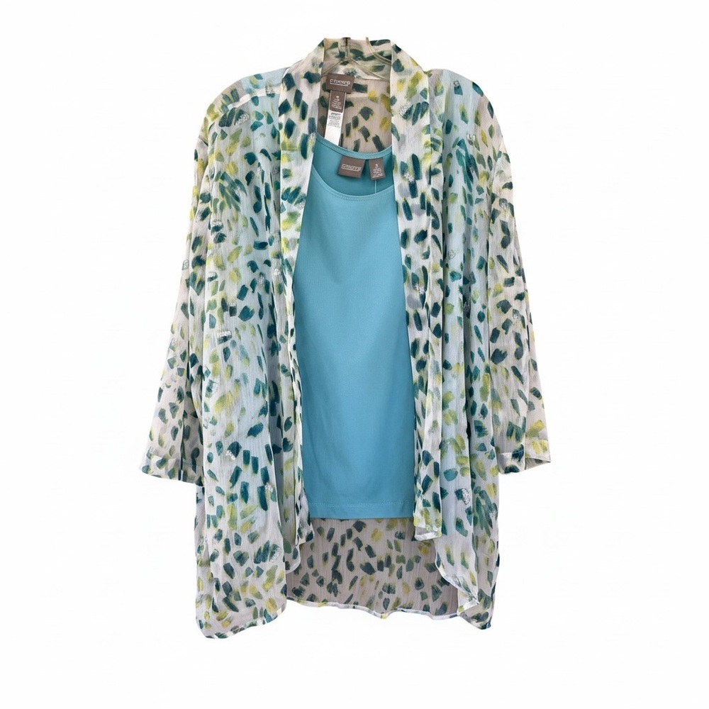 Chico's Aqua Blue Tank with White Multicolor Leaf Print Cover-Up